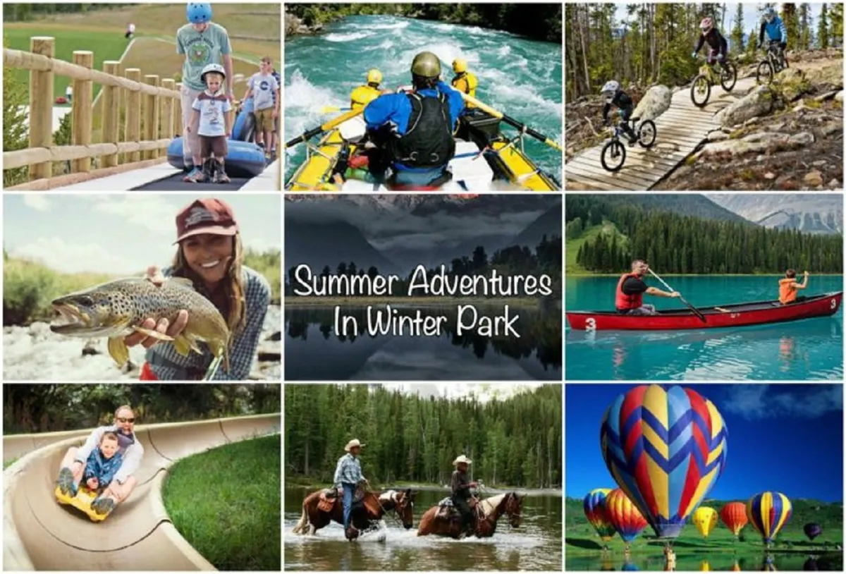 A lively summer outdoor scene with families enjoying tubing, white water rafting, biking on scenic trails, children fishing, canoeing, and even hot air ballooning. The image is rich with joyful, adventurous moments and a variety of activities set amidst natural beauty.