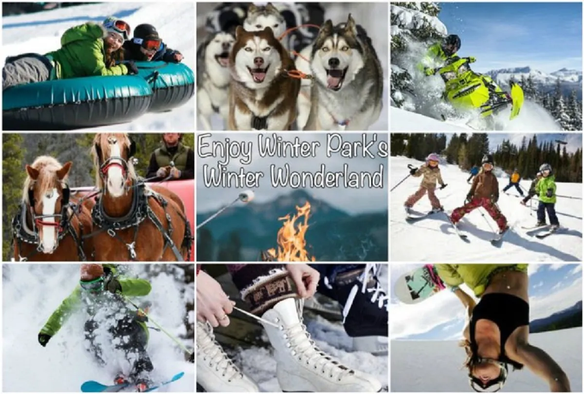 A vibrant winter scene featuring people tubing down snowy hills, sled dogs, snowmobiles, a horse-drawn sleigh, skiers, snowboarders, and children playing in the snow. The image is full of joyful activity and wintry excitement, embodying the spirit of mountain adventures.