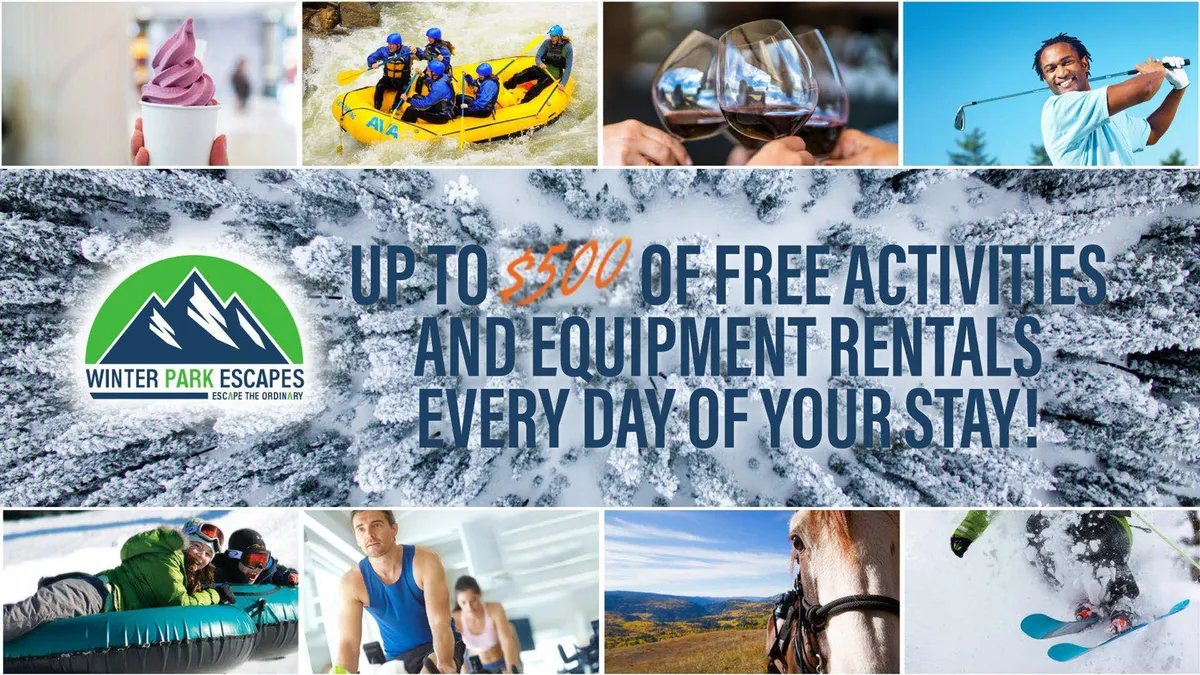 An energetic interior image featuring a collage of people engaged in a variety of outdoor activities—white-water rafting, wine tasting, golfing, skiing, and more. The branding of Winter Park Escapes is visible, connecting directly to the curated adventures referenced in the section.
